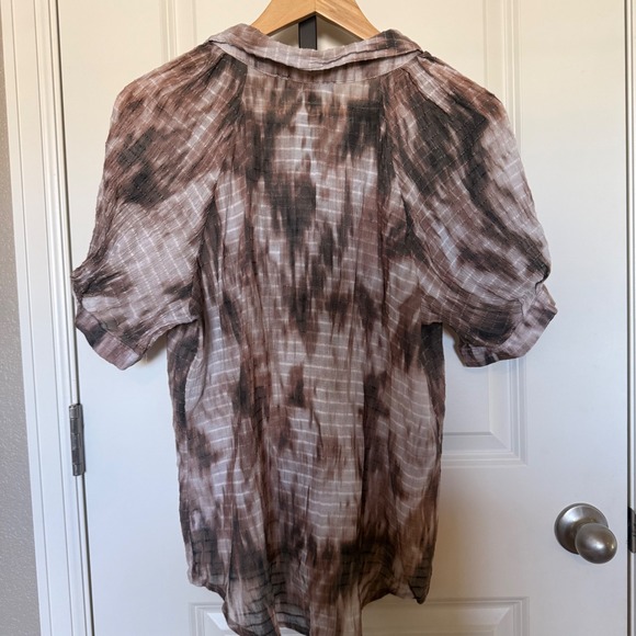 Badgley Mischka Womens Brown Tie Dye Button Down Short Sleeve Blouse Neutral M - Picture 3 of 8